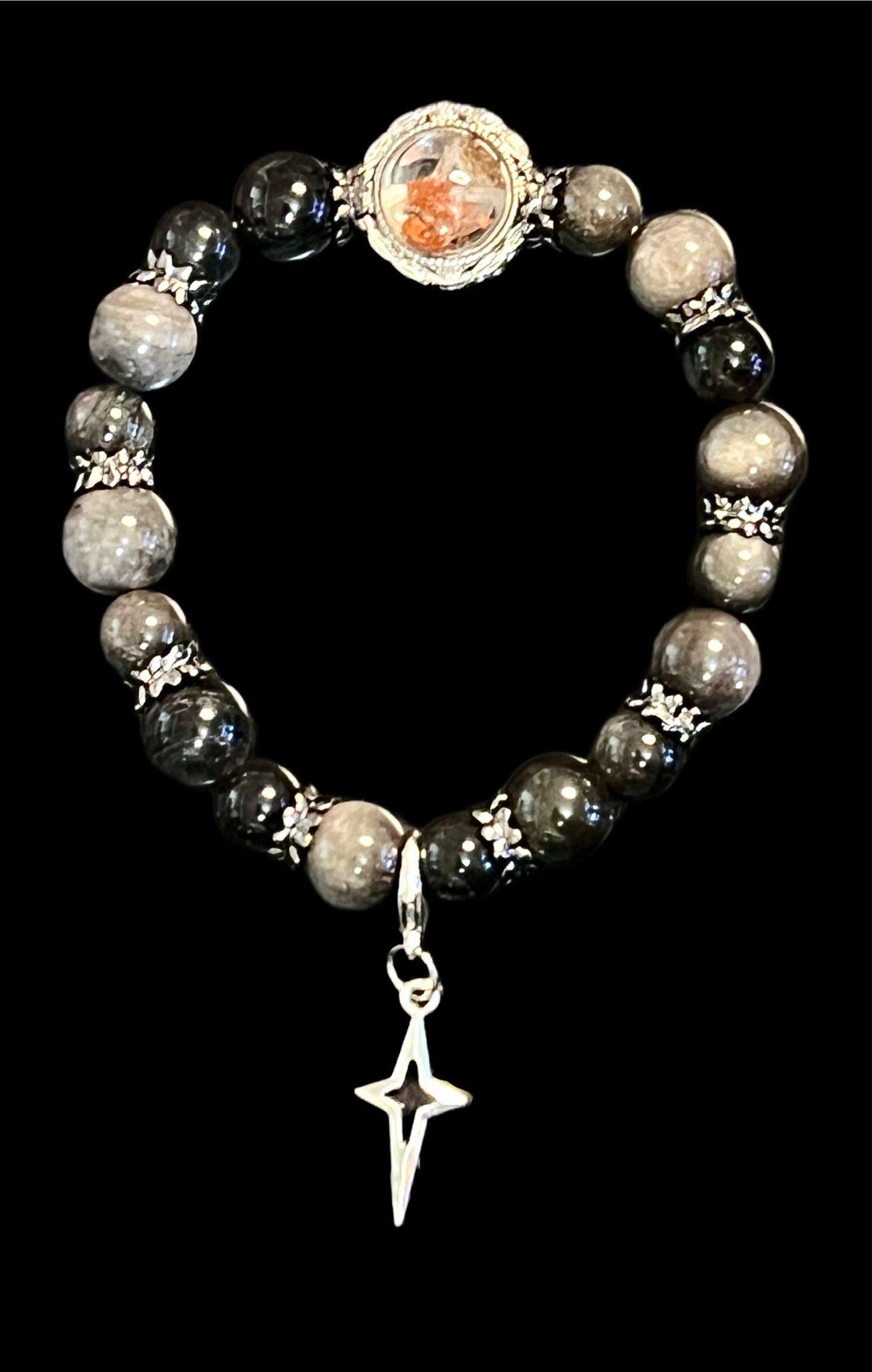 Garden quartz and silver obsidian bracelet