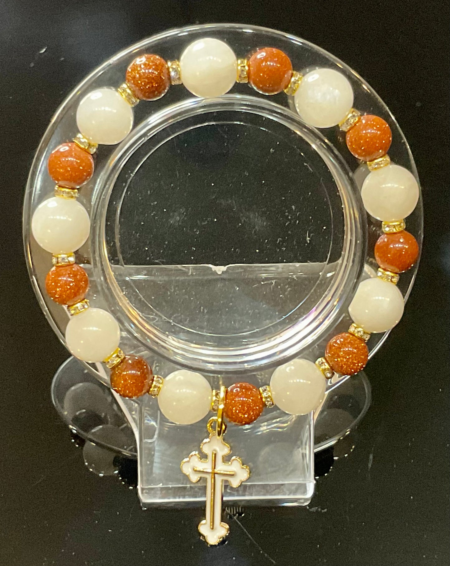 White Moonstone (10mm) & Sunstone cross bracelet
