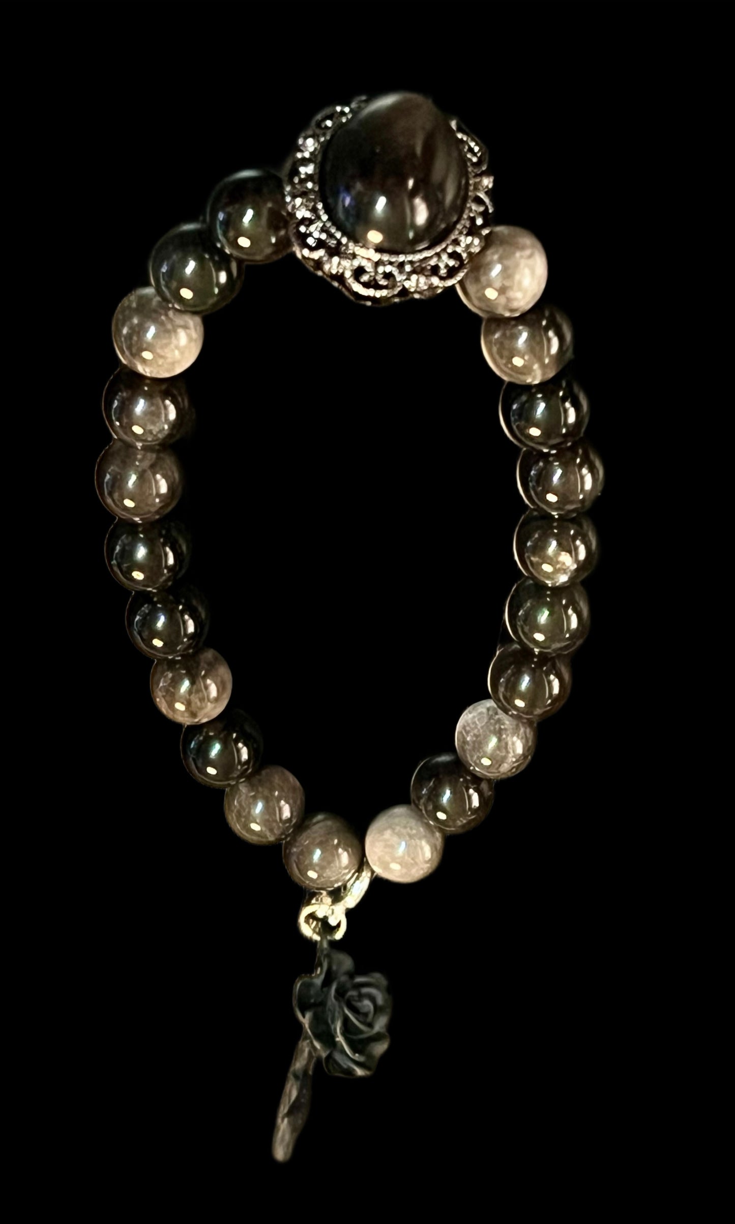Silver obsidian centerpiece with silver obsidian beads