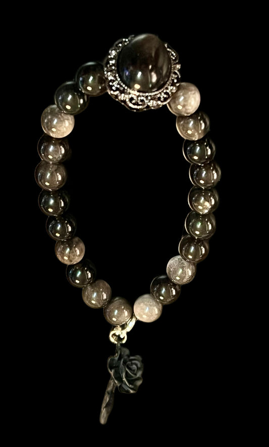 Silver obsidian centerpiece with silver obsidian beads