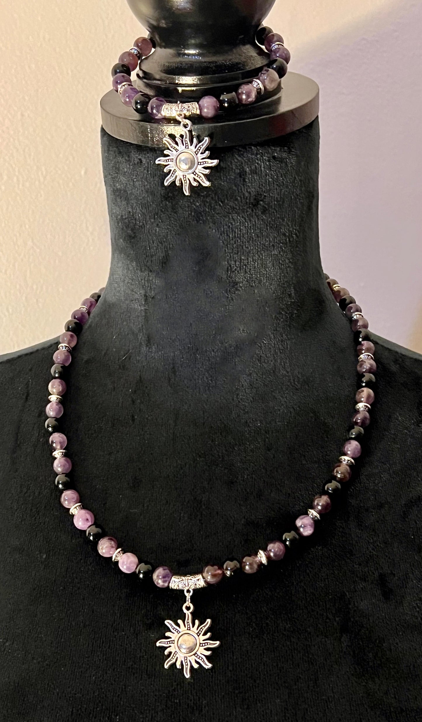 *Amethyst & Obsidian Necklace/Bracelet Set