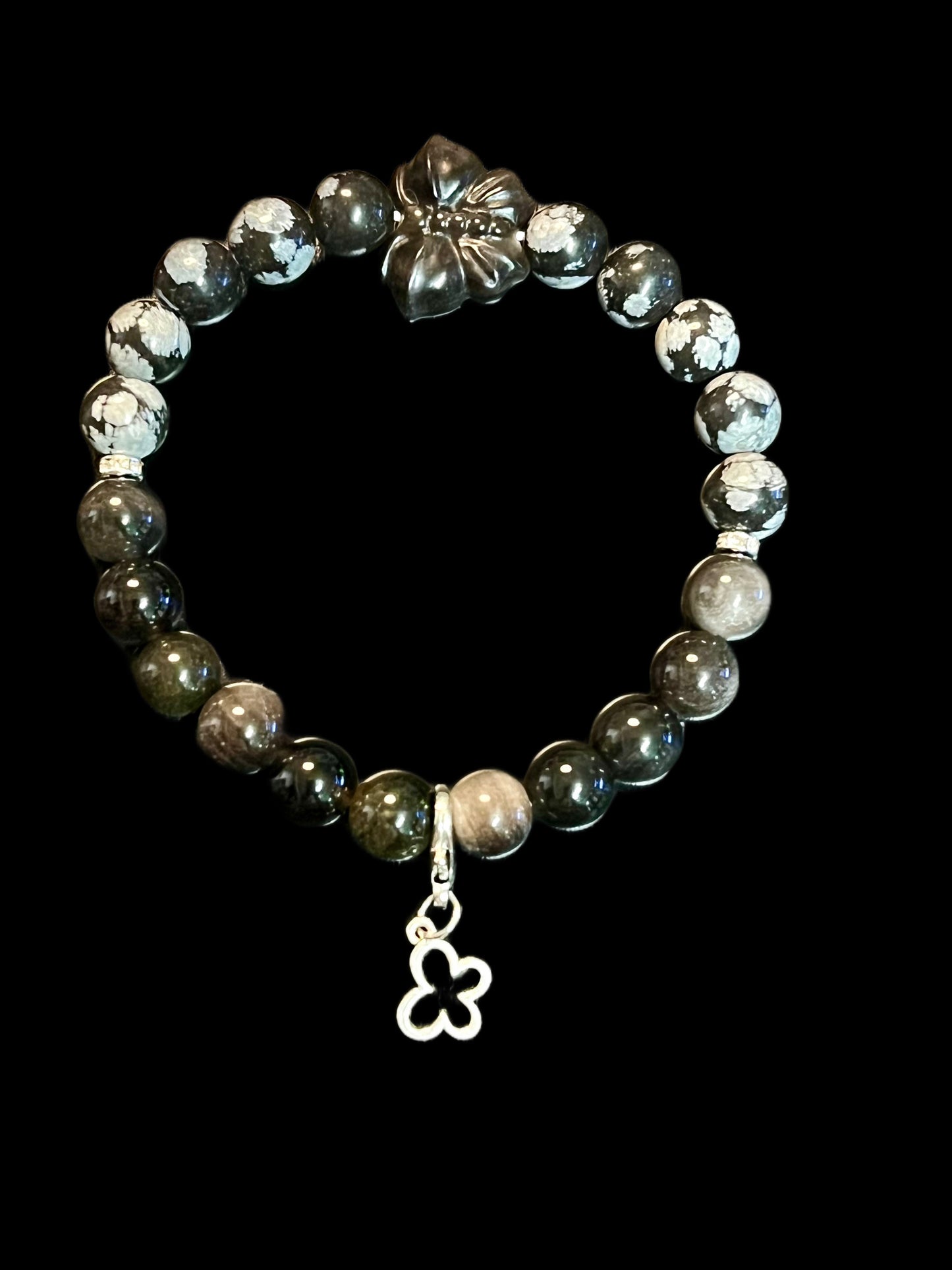 Silver obsidian, snowflake obsidian, and silver obsidian butterfly bracelet
