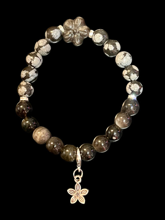 Silver obsidian, snowflake obsidian with silver obsidian flower bracelet