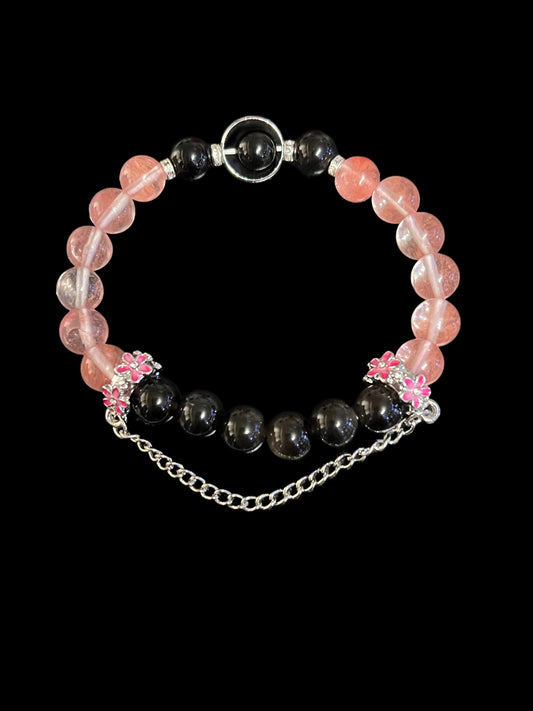 Strawberry quartz and obsidian bracelet
