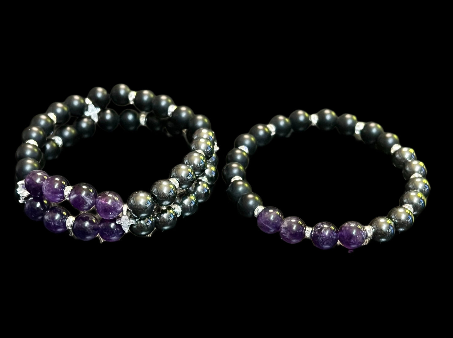 Hematite, Dark Amethyst and black matte agate bracelet set
