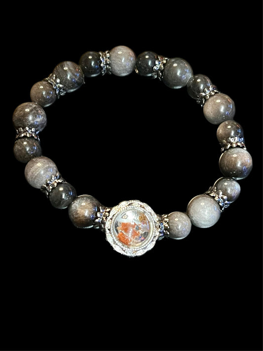 Garden quartz and silver obsidian bracelet