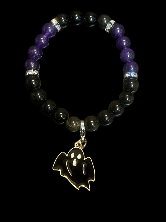 Halloween purple Malaysian jade & golden obsidian bracelet