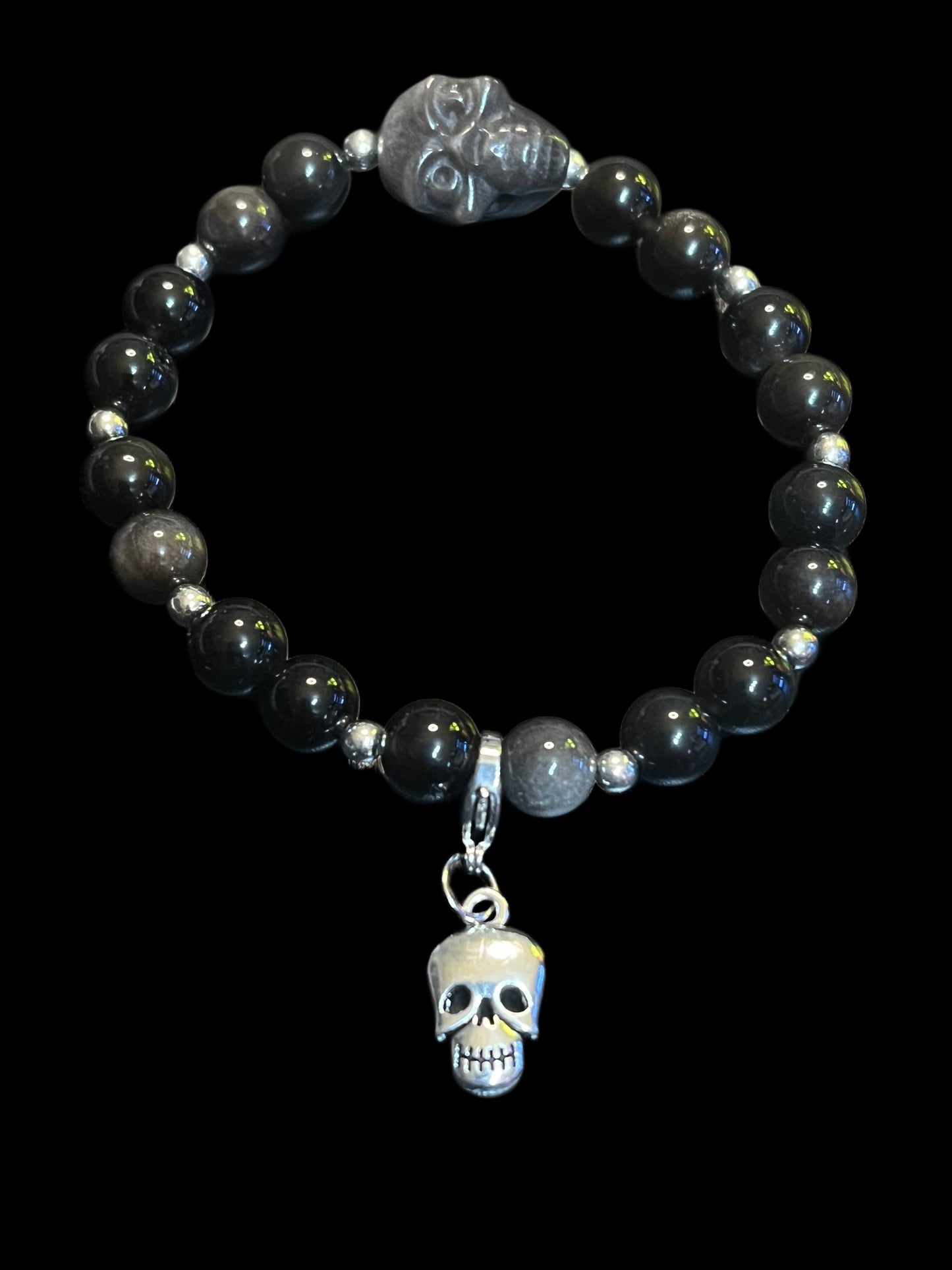 Halloween silver obsidian skull bracelet