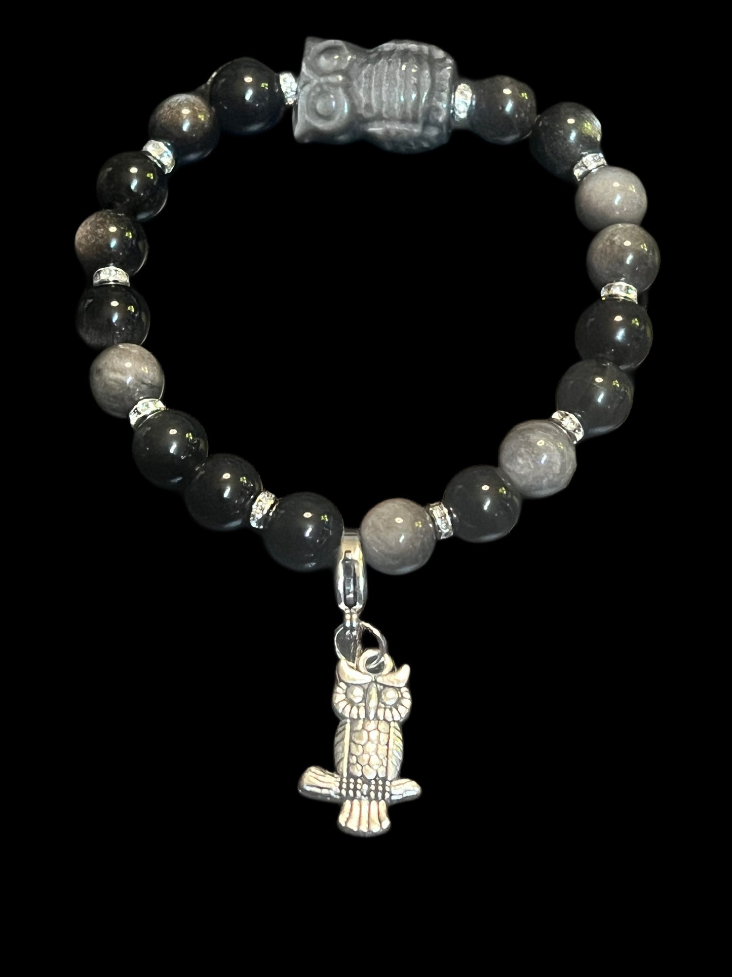 Halloween silver obsidian owl bracelet