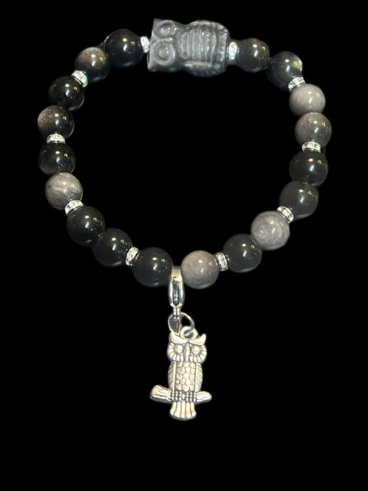 Halloween silver obsidian owl bracelet