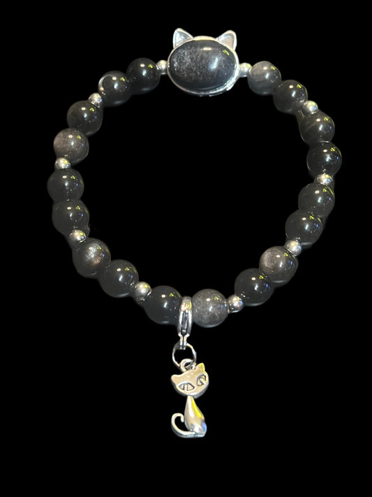 Halloween silver obsidian cat bracelet