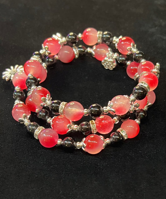 Peach Blossom & Obsidian double wrap bracelet