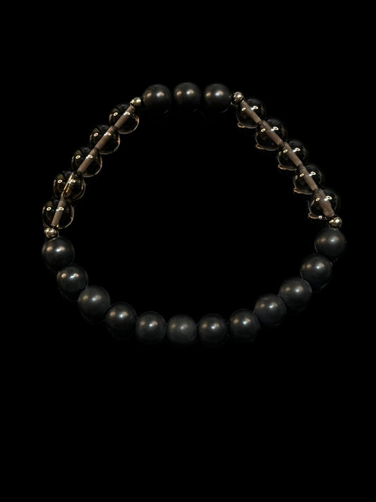 Smokey Quartz and Matte Black Agate Mens Bracelet